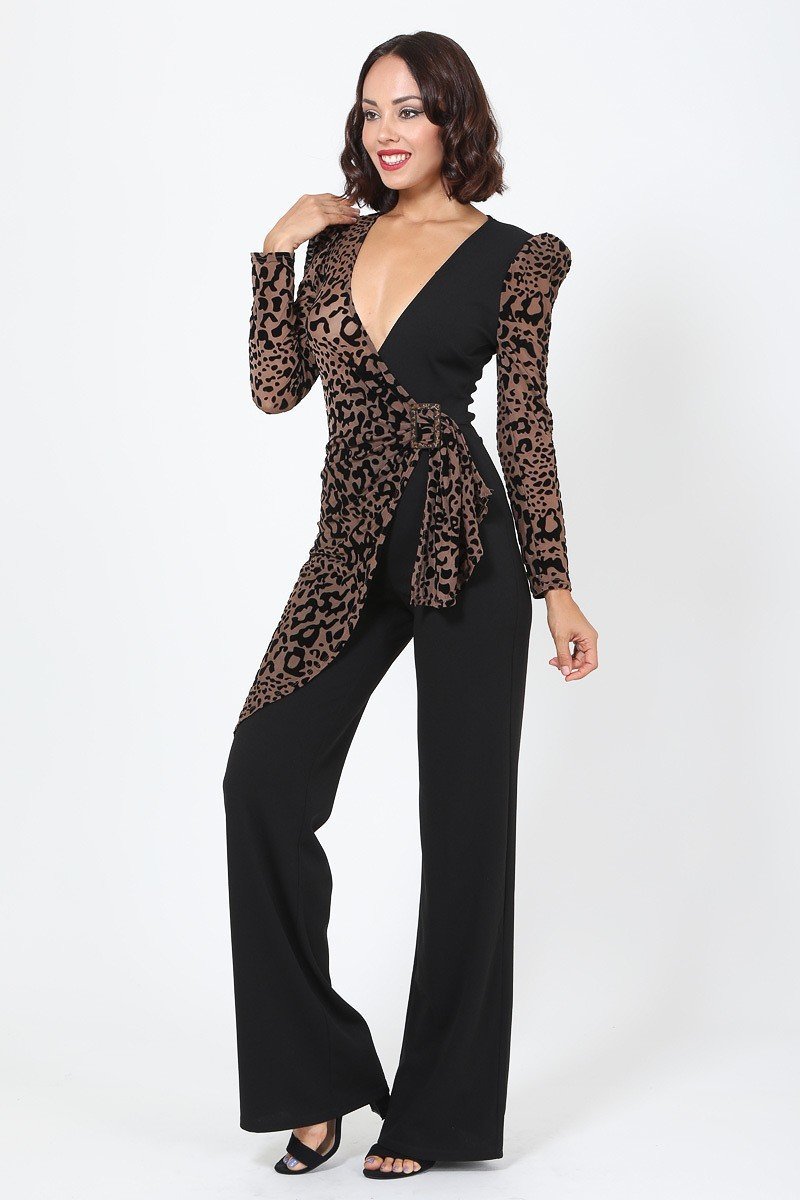 Plunging V Buckle Detail Leopard Jumpsuit