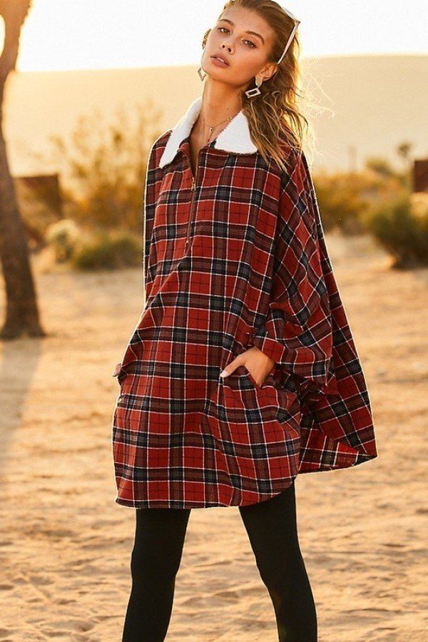 Mock Neck With Zipper Contrast Inside Front Pocket Plaid Poncho