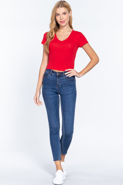 Short Sleeve V-neck Crop Top