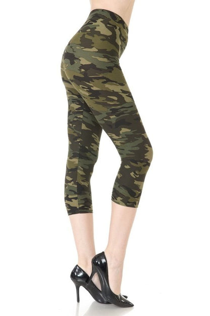 Multi-color Print, Cropped Capri Leggings In A Fitted Style With A Banded High Waist.