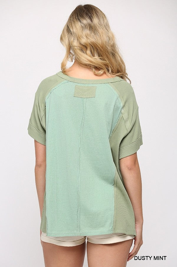 Ribbed And Solid Mixed Raw Edge Top