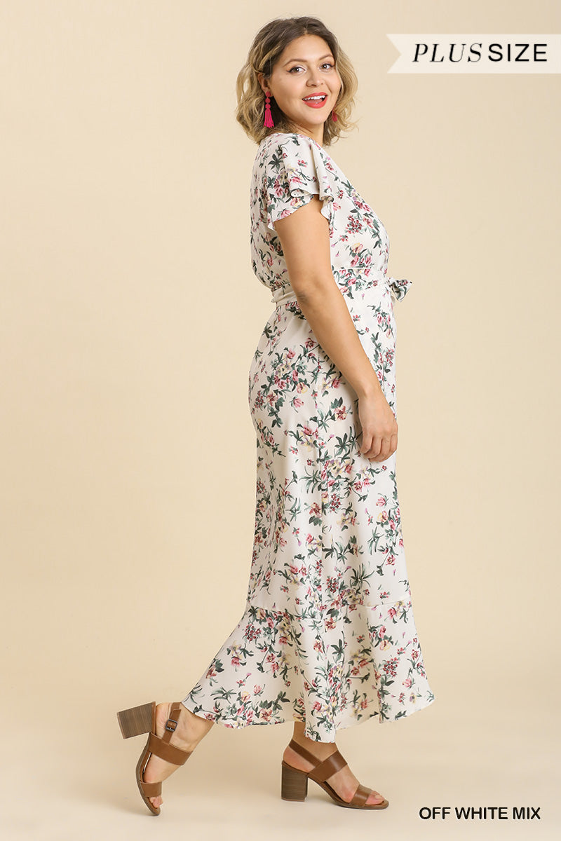 Floral Print Wrapped Short Ruffle Sleeve Maxi Dress With No Lining