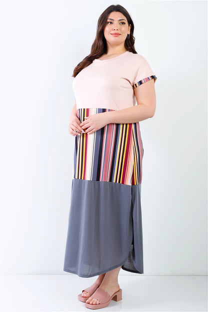 Plus Pink Print Colorblock Maxi Dress