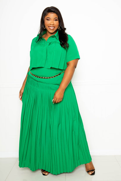 Pleated Cropped Shirt And Maxi Skirt Set