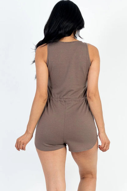 Sleeveless Drawstring Waist Button Tank Romper