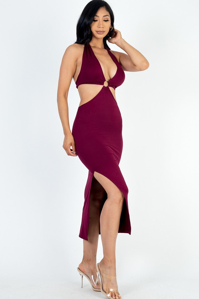 Cut-out Halter Neck Double Back Tie Split Thigh Midi Dress