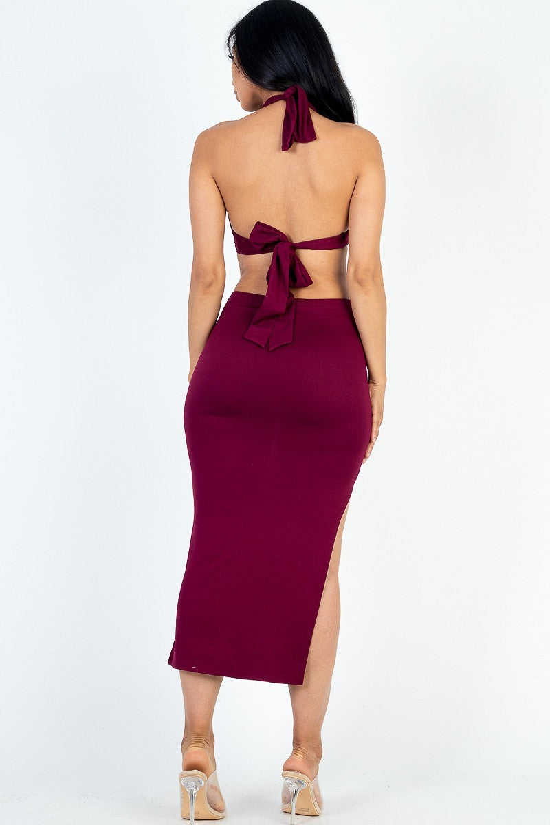 Cut-out Halter Neck Double Back Tie Split Thigh Midi Dress