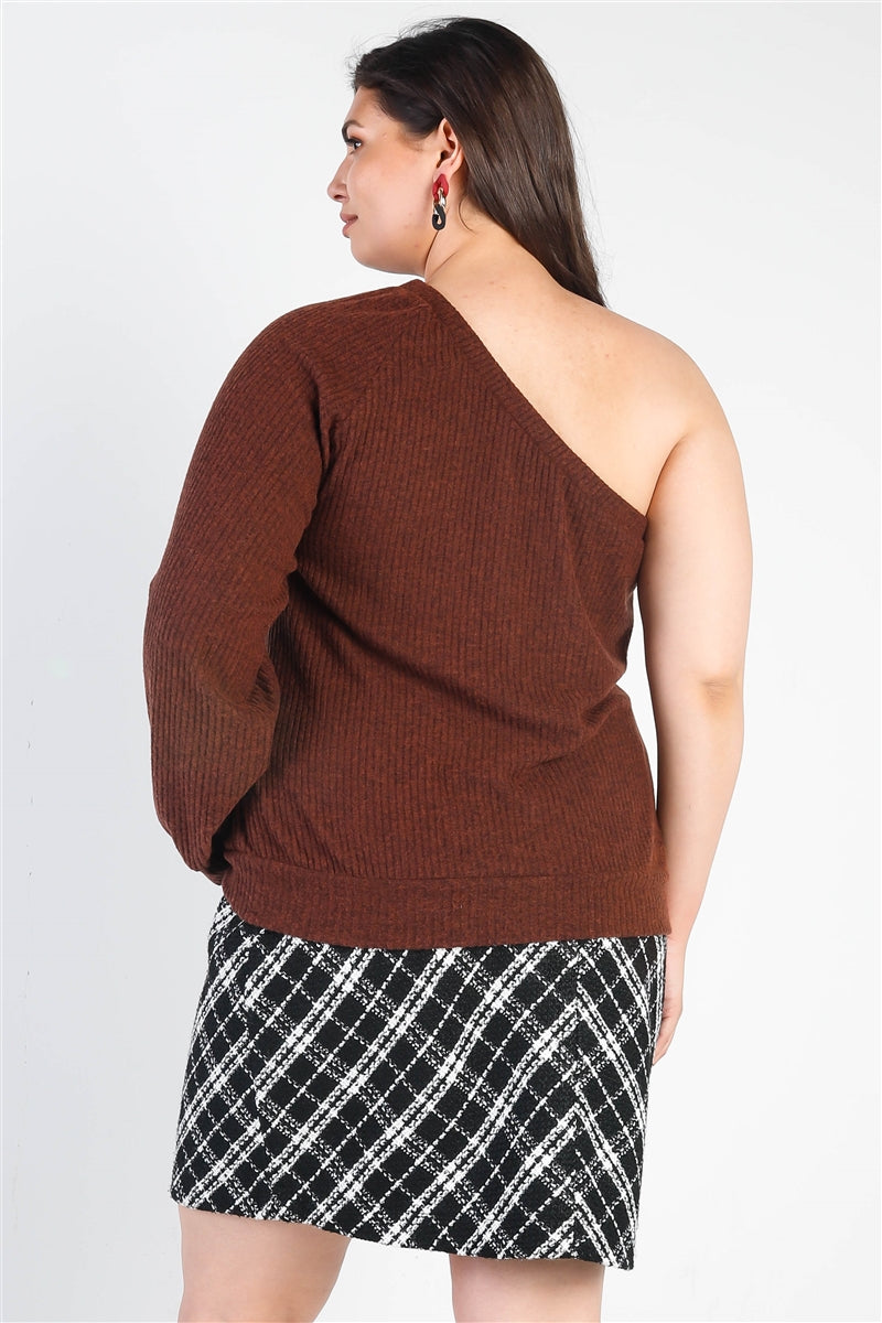 Plus Brown Ribbed Textured One Shoulder Top