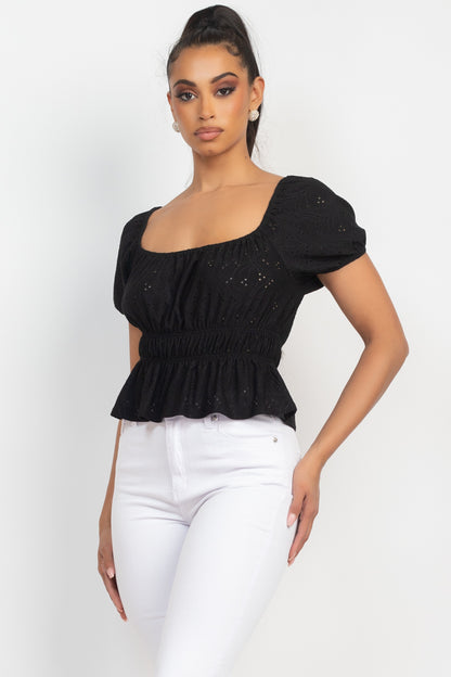 Puff Sleeve Eyelet Peplum Top