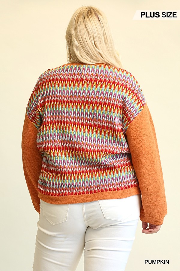 Novelty Knit And Solid Knit Mixed Loose Top With Drop Down Shoulder